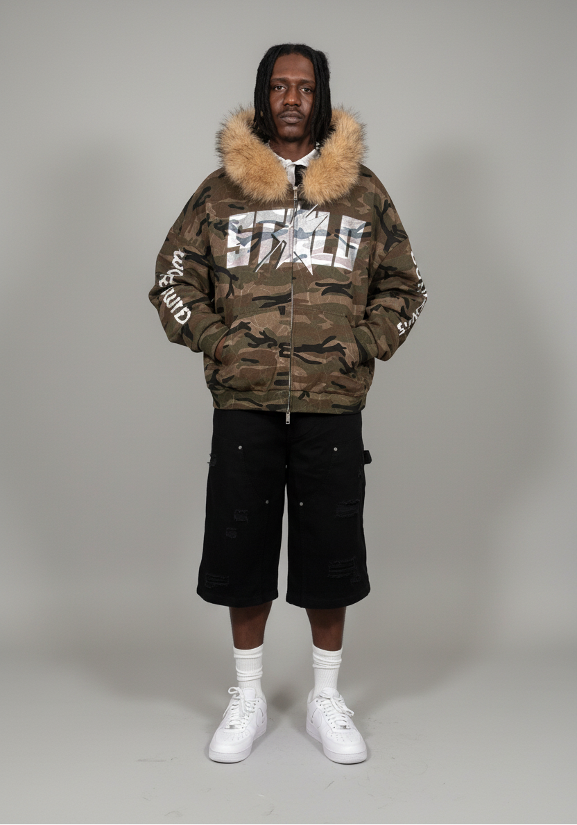Stolo Clothing Co STARCHILD X WORLD WIDE AMERICA PRINT Unisex Heavyweight Camo Detachable Fur Double Zip-Up Hoodie (400GSM)