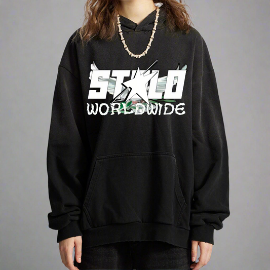 Stolo Clothing Co Birdies x World Wide Retro Washed Hand-Painted Oversized Hoodie [PINK & BLACK]