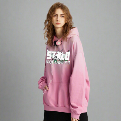 Stolo Clothing Co Birdies x World Wide Retro Washed Hand-Painted Oversized Hoodie [PINK & BLACK]