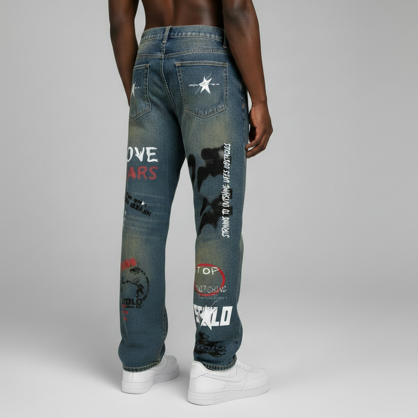 Stolo Clothing Co GRAFFITI Vintage Wash Wide Leg Denim Jeans
