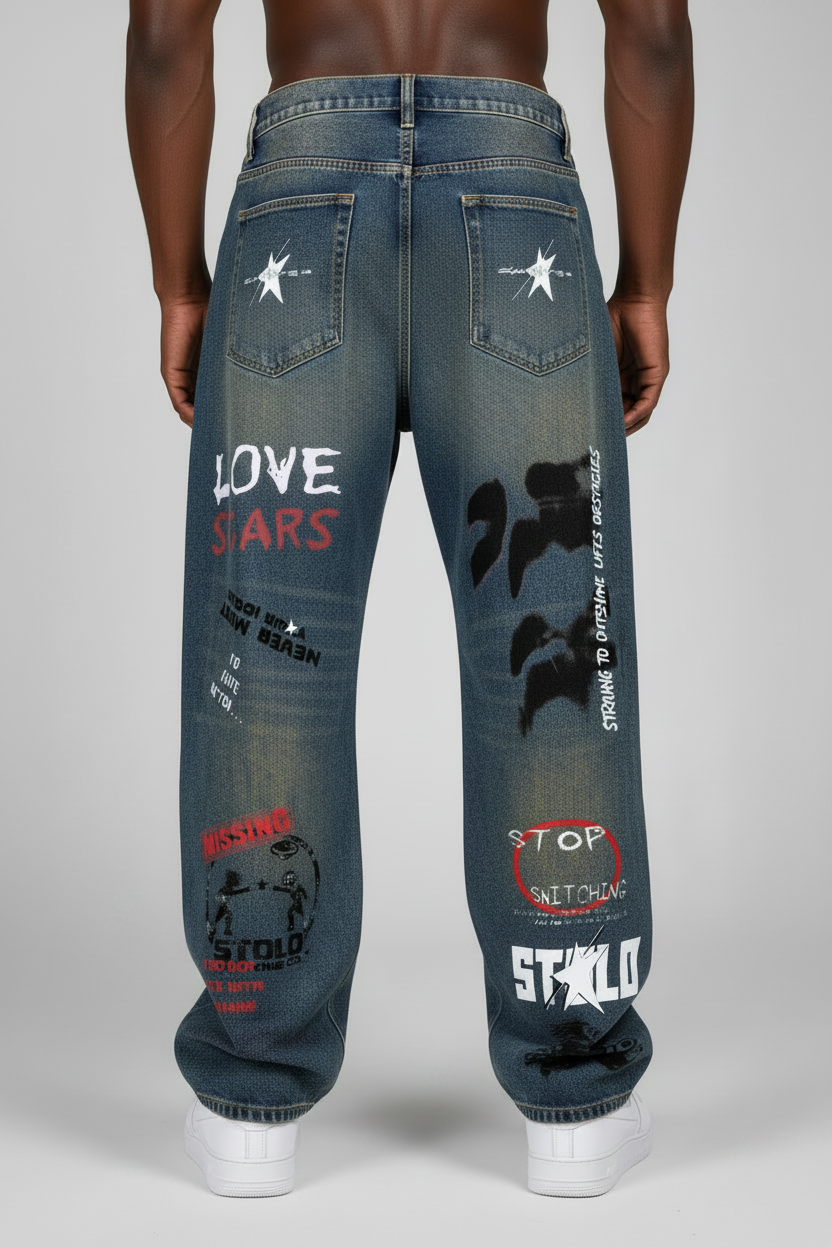 Stolo Clothing Co GRAFFITI Vintage Wash Wide Leg Denim Jeans