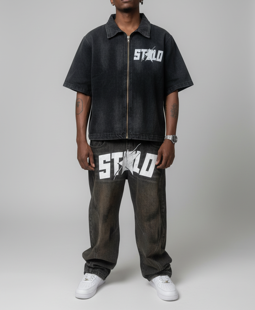 Stolo Clothing Co STARCHILD REBORN  Sun Faded Vintage Washed Full-Zip Denim Tee Shirt