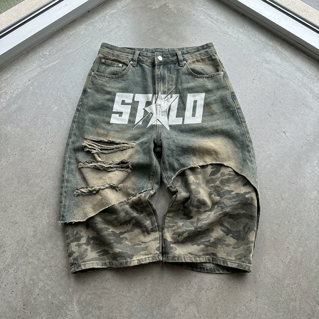 21 Half Camo Jorts scrunched floor retry