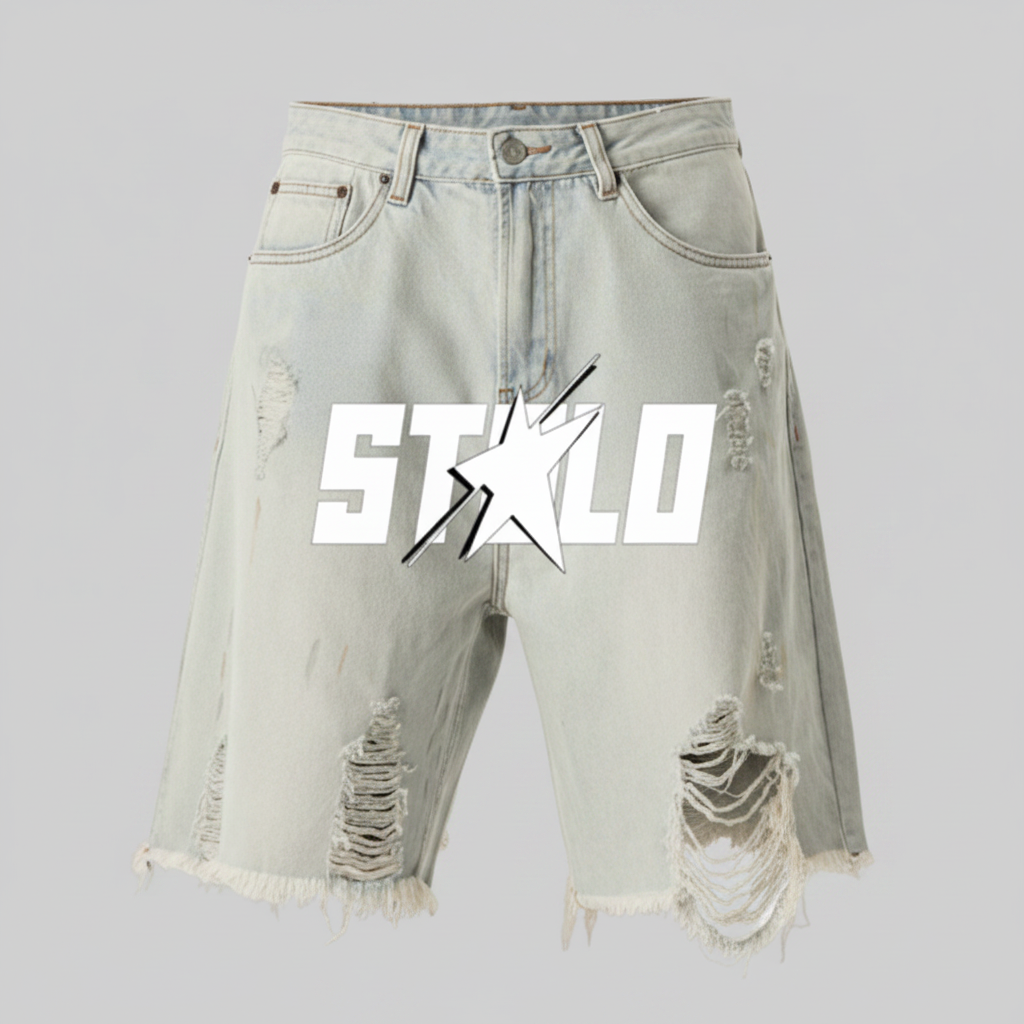 Stolo Clothing Co STARCHILD Heavy Faded Blue Distressed Unisex Denim Shorts (JORTS)