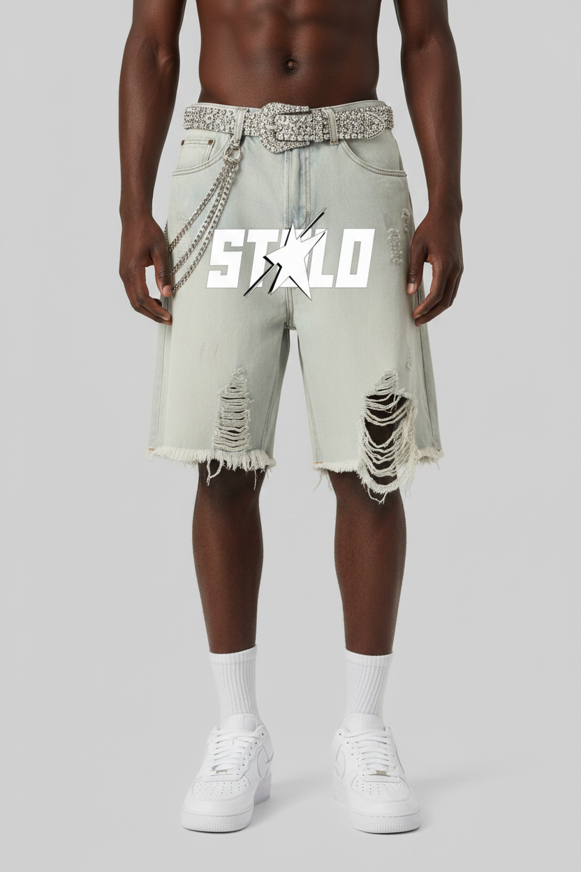 Stolo Clothing Co STARCHILD Heavy Faded Blue Distressed Unisex Denim Shorts (JORTS)