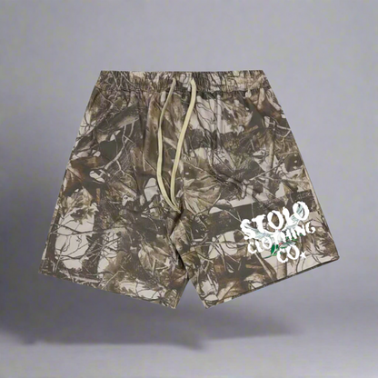 Stolo Clothing Co Birdies Cotton French Terry Tree Print Camo Shorts