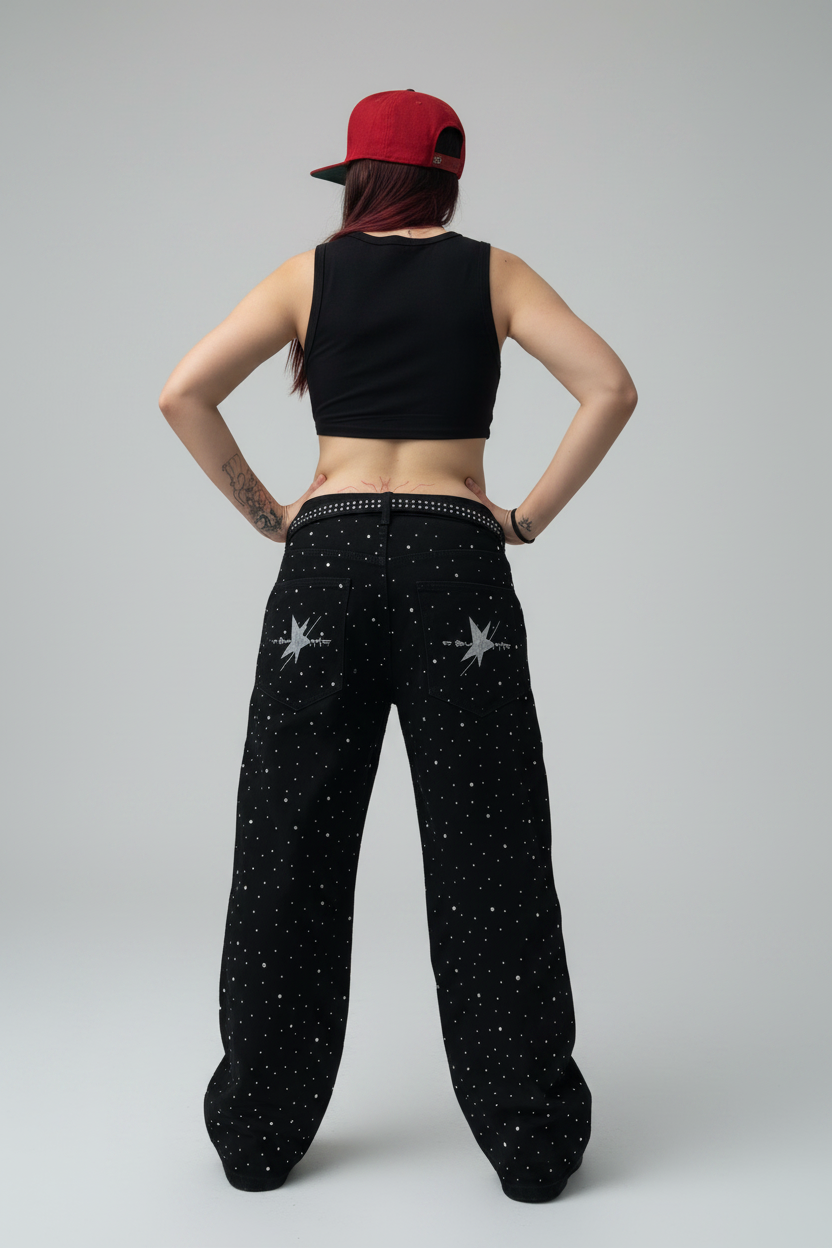 Stolo Clothing Co STARCHILD Unisex Full Rhinestone Loose Fit Straight Leg Denim Jeans w/ Diamond Belt