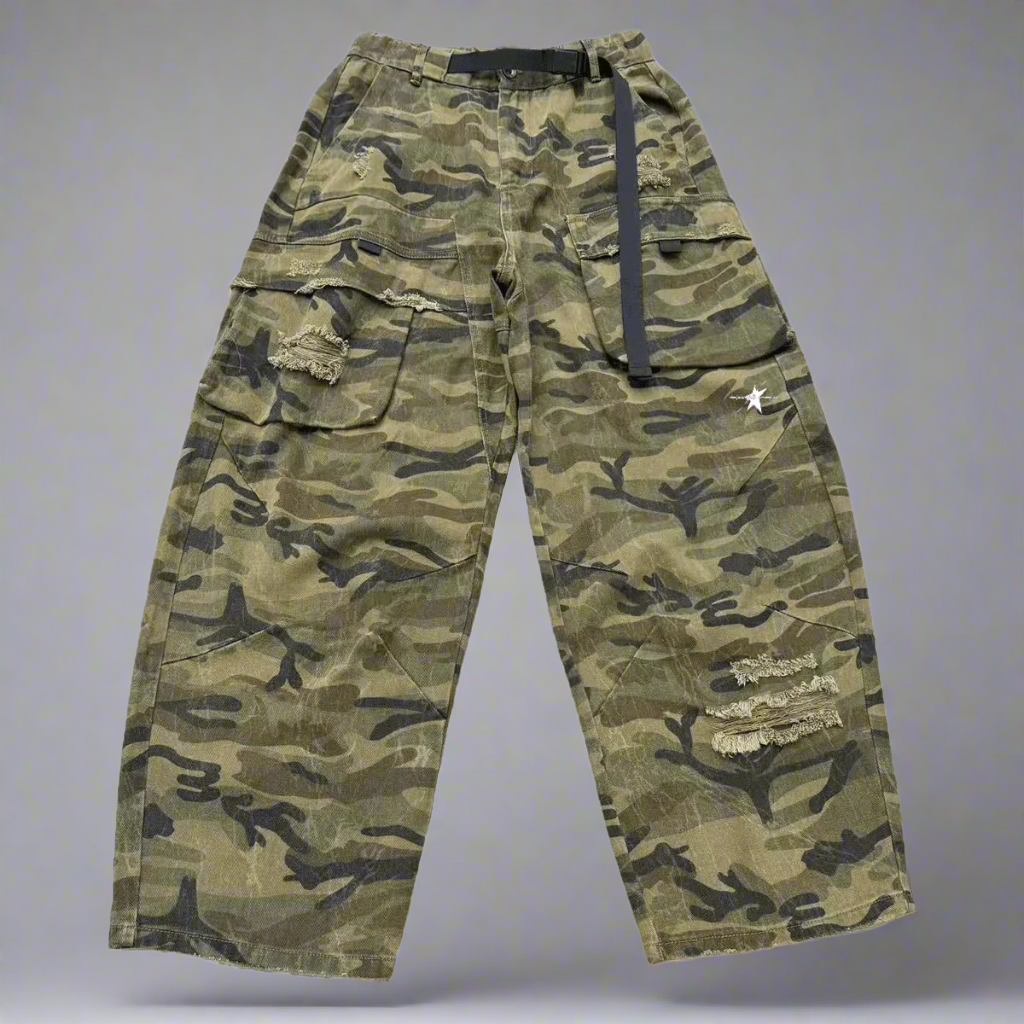 Stolo Clothing Co Essential Unisex Camouflage Distressed Baggy Cargo Pants w/ Belt