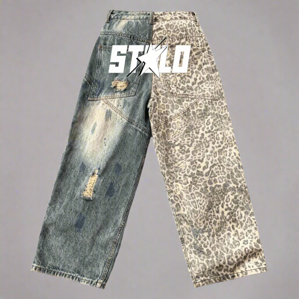 Stolo Clothing Co STARCHILD Back Print Half Leopard Print Half Faded Blue Distressed Baggy Denim Jeans