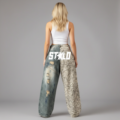 Stolo Clothing Co Half Leopard Print x STARCHILD Back Print Distressed Baggy Denim Jeans
