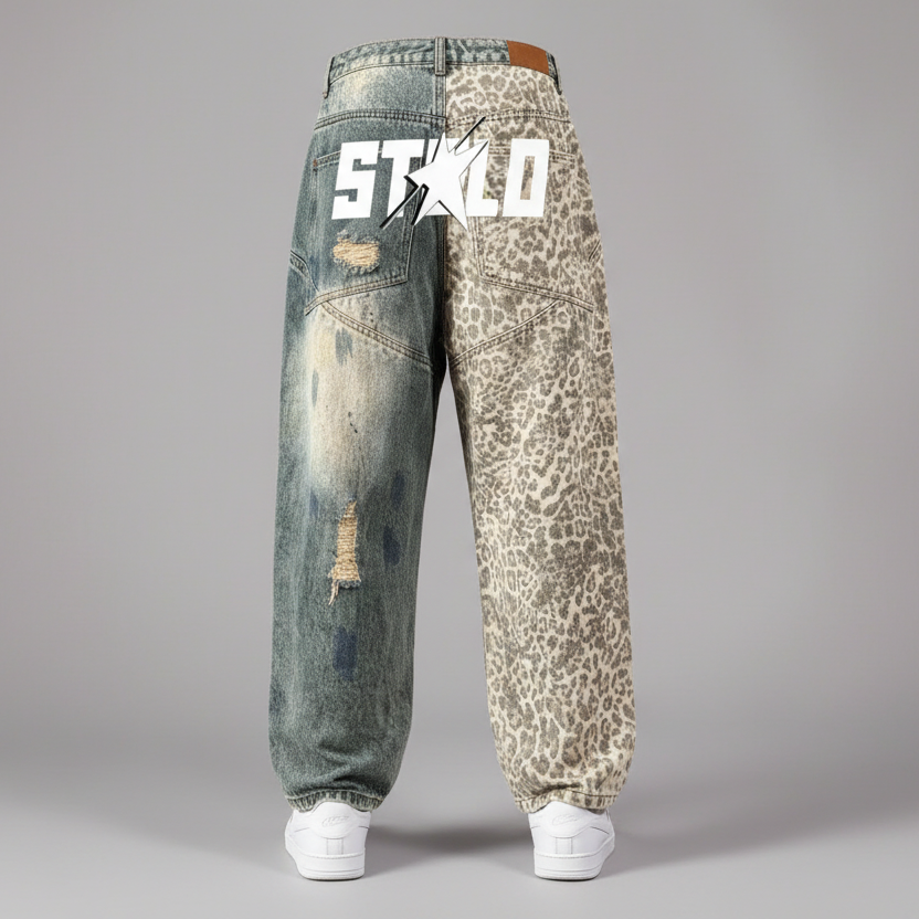 Stolo Clothing Co STARCHILD Half Leopard Print Blue Distressed Baggy Denim Jeans