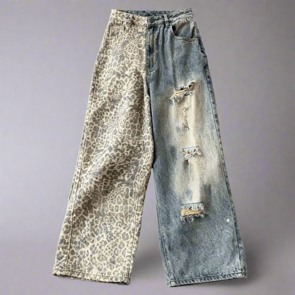 Stolo Clothing Co STARCHILD Back Print Half Leopard Print Half Faded Blue Distressed Baggy Denim Jeans