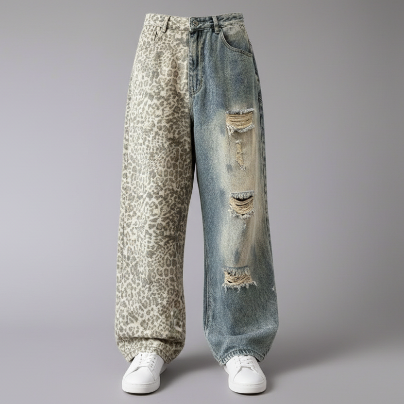 Stolo Clothing Co STARCHILD Half Leopard Print Blue Distressed Baggy Denim Jeans