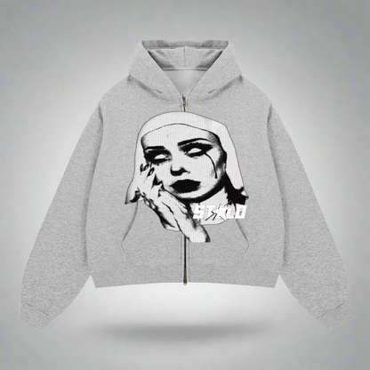 Stolo Clothing Co EVIL NUN Boxy Cropped Fleece Zip-up Hoodie