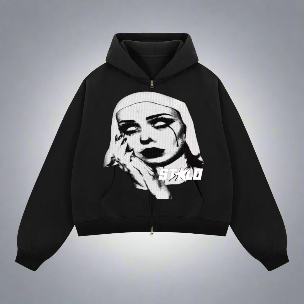 Stolo Clothing Co EVIL NUN Boxy Cropped Fleece Double Zip-Up Hoodie