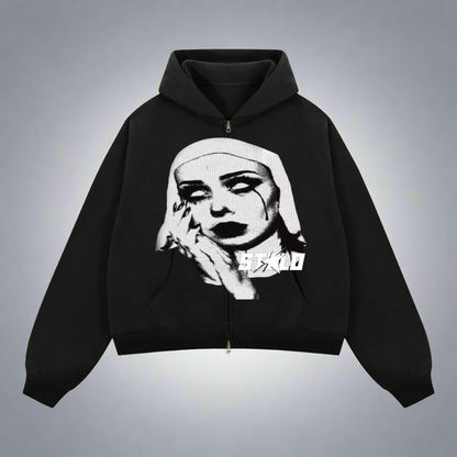 Stolo Clothing Co EVIL NUN Boxy Cropped Fleece Zip-up Hoodie