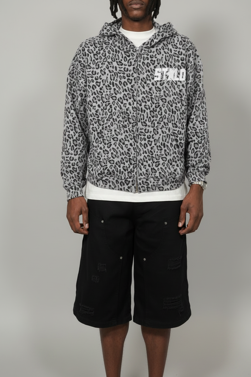 Stolo Clothing Co STARCHILD Leopard Print Waffle Texture Lightweight Double Zip Up Hoodie