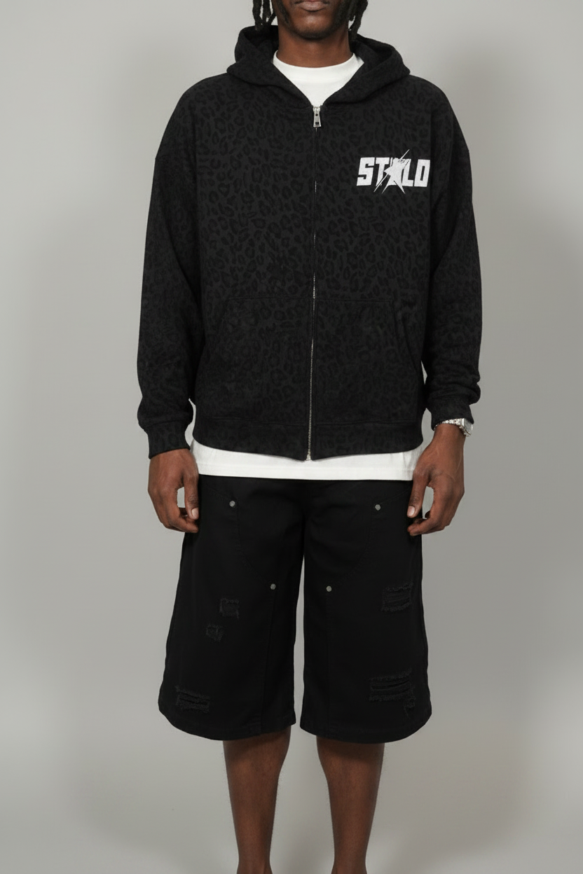 Stolo Clothing Co STARCHILD Leopard Print Waffle Texture Lightweight Double Zip Up Hoodie