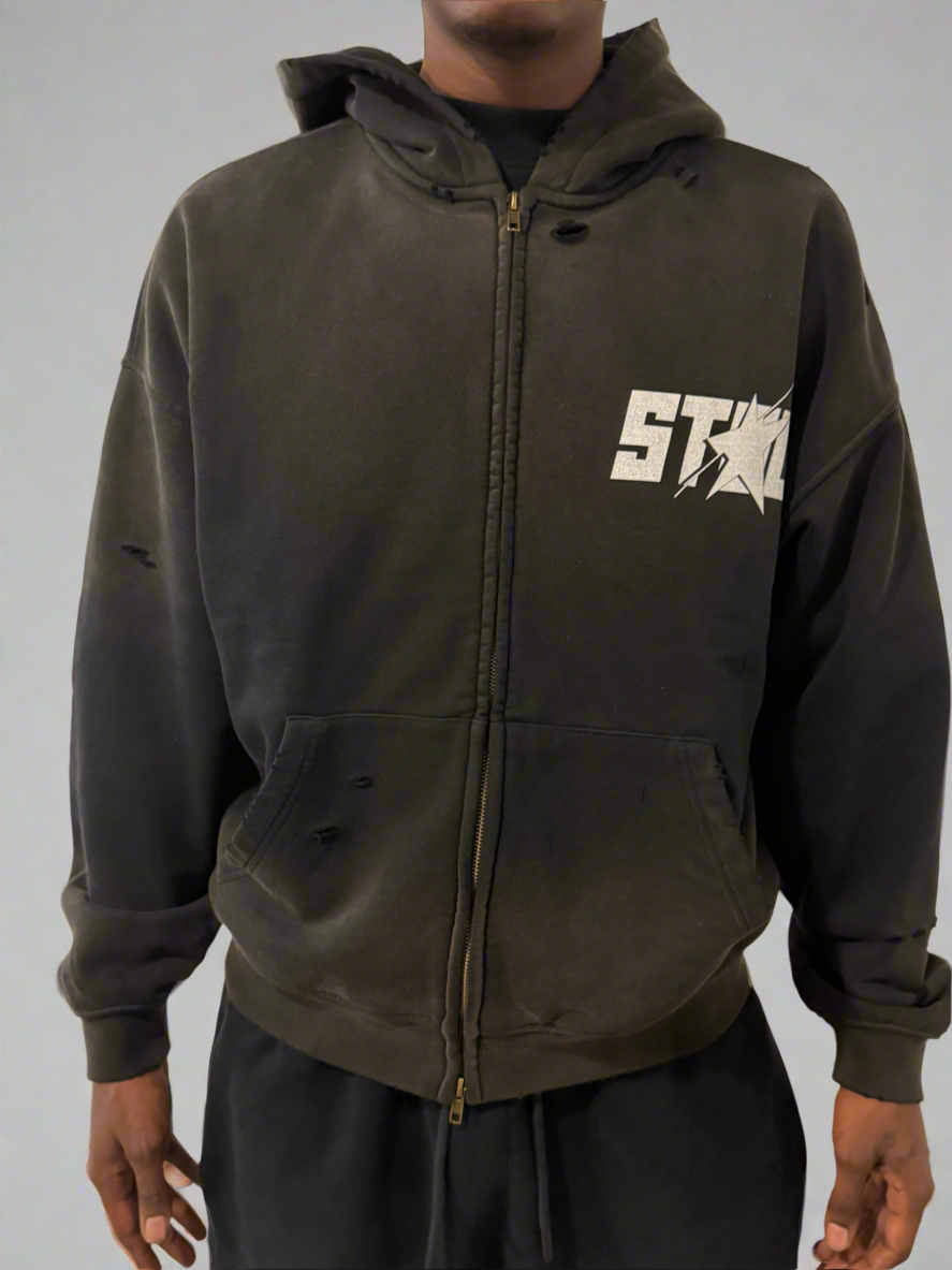 Stolo Clothing Co STARCHILD Pure Cotton Hand-Frayed Sun Faded Double Zip Hoodie