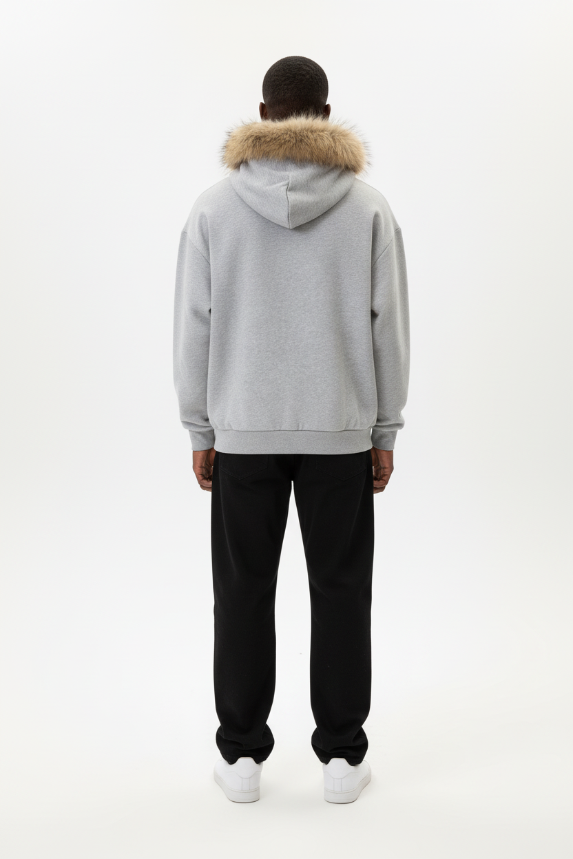 Stolo Clothing Co LOGO Grey Detectable Fur Double Zip-Up Hoodie（400GSM)