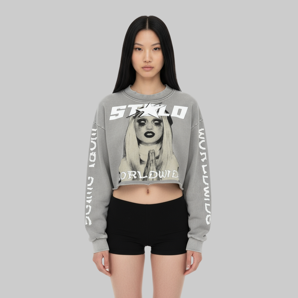 Stolo Clothing Co EVIL NUN X WORLD WIDE Washed Raw-Edge Cropped Heavyweight Tee