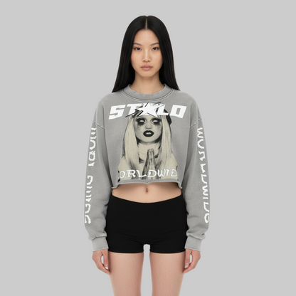 Stolo Clothing Co EVIL NUN X WORLD WIDE Washed Raw-Edge Cropped Heavyweight Tee