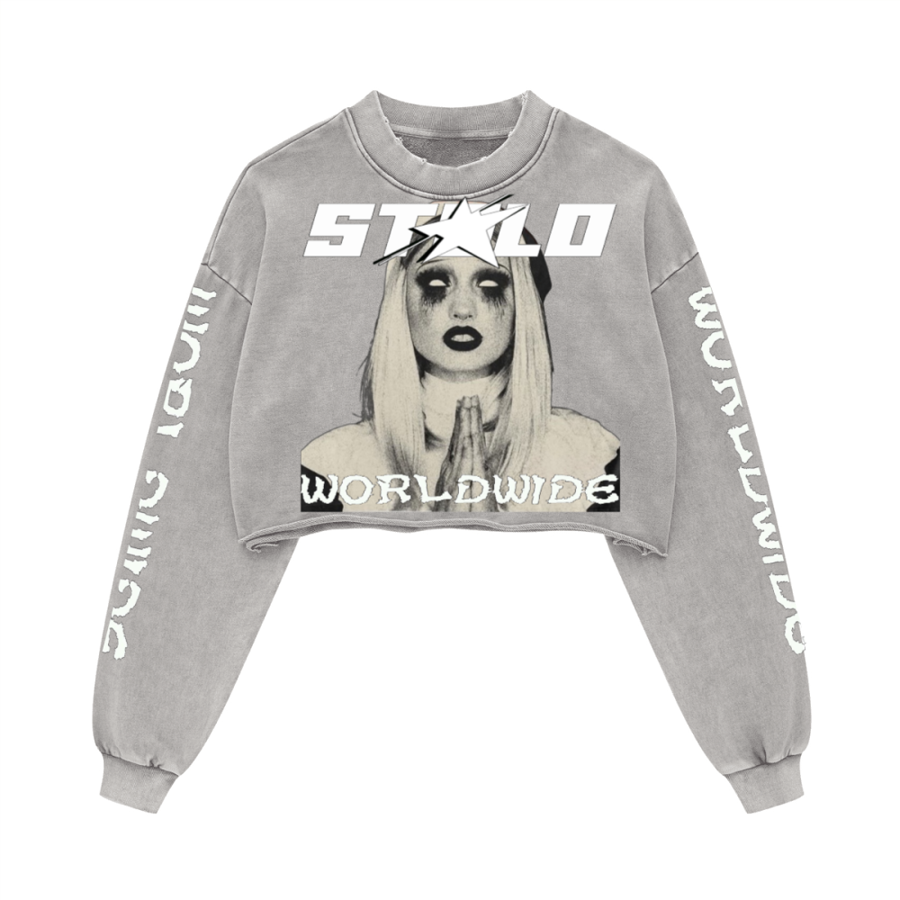 Stolo Clothing Co PREYING NUN Cropped Heavyweight Washed Raw-Edge Crew Neck Sweatshirt (380GSM)