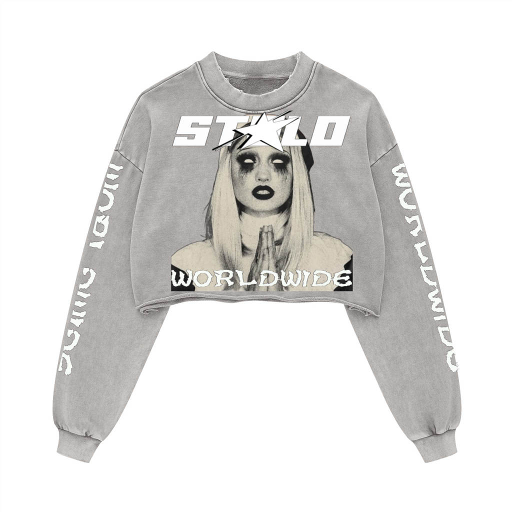 Stolo Clothing Co PREYING NUN Cropped Heavyweight Washed Raw-Edge Crew Neck Sweatshirt (380GSM)