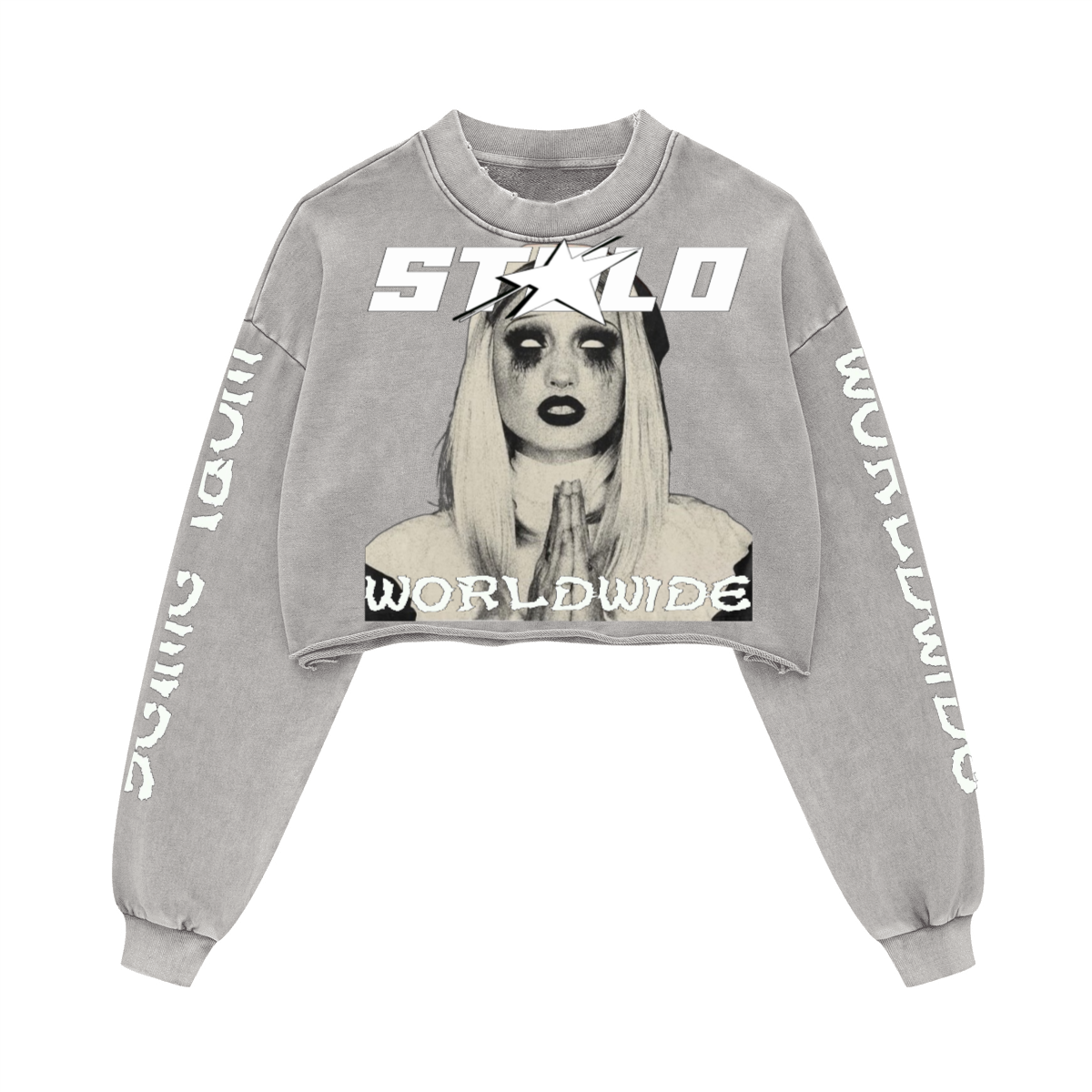 Stolo Clothing Co PREYING NUN Cropped Heavyweight Washed Raw-Edge Crew Neck Sweatshirt (380GSM)