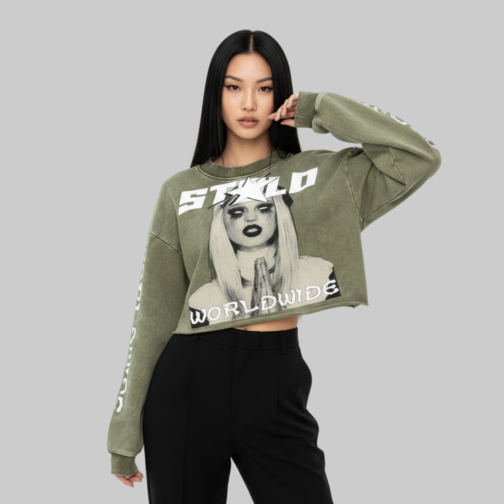 Stolo Clothing Co EVIL NUN X WORLD WIDE Washed Raw-Edge Cropped Heavyweight Tee