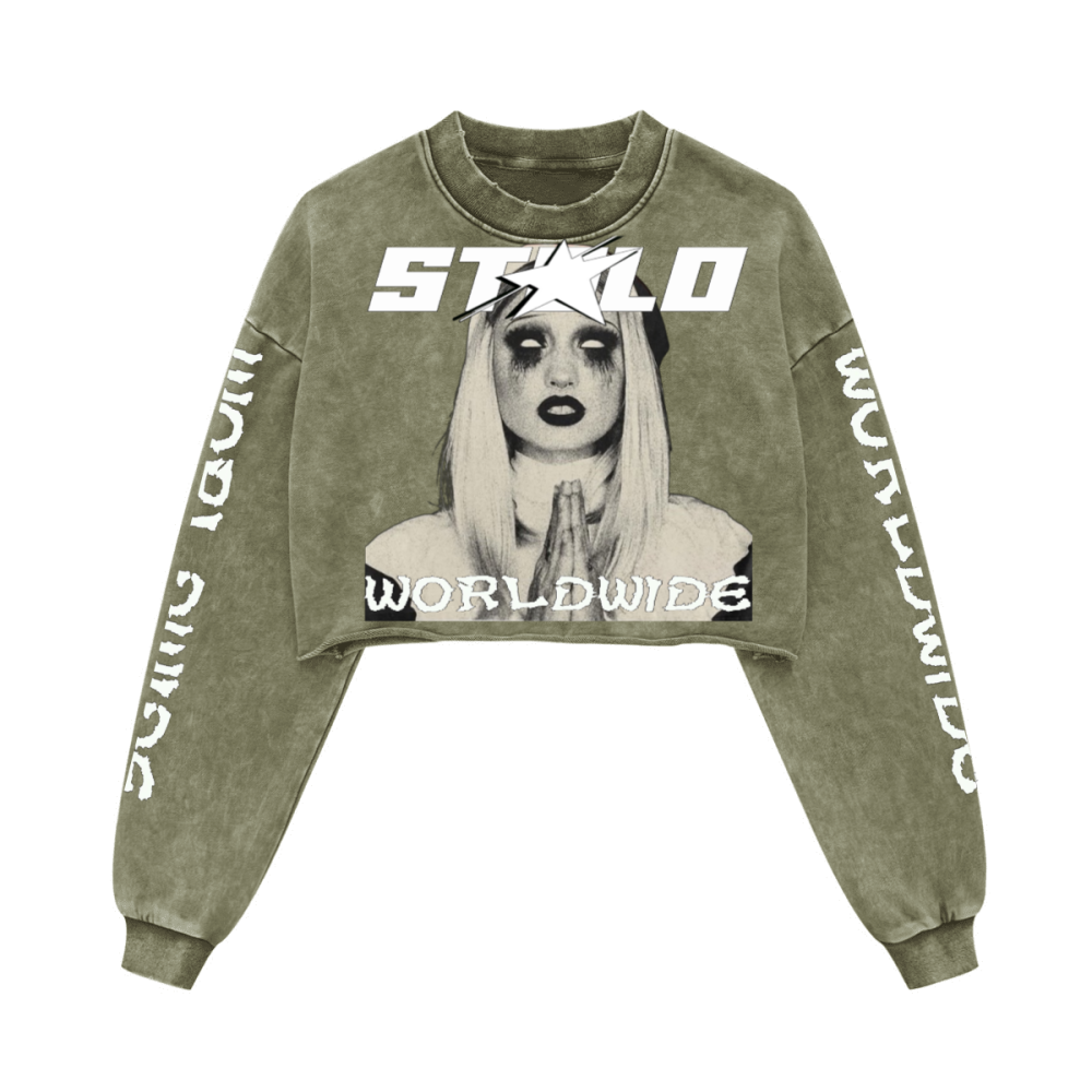 Stolo Clothing Co PREYING NUN Cropped Heavyweight Washed Raw-Edge Crew Neck Sweatshirt (380GSM)