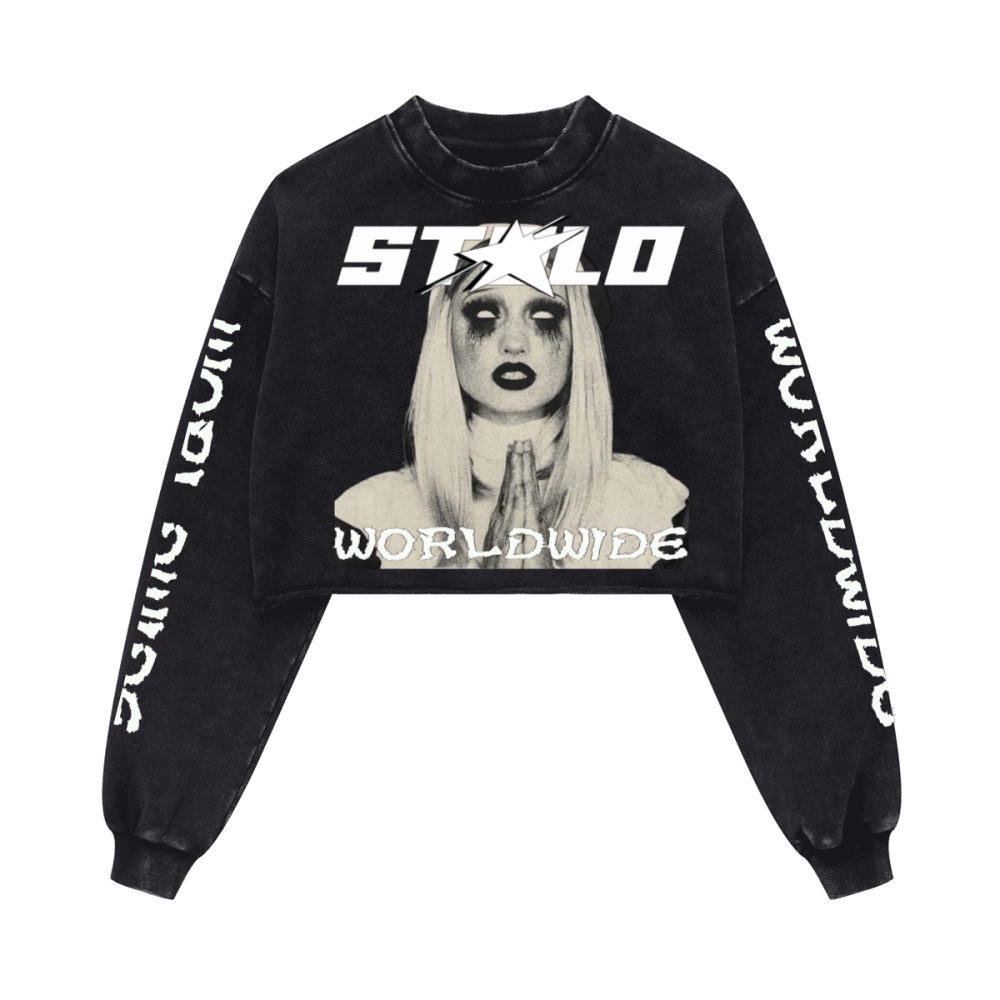 Stolo Clothing Co PREYING NUN Cropped Heavyweight Washed Raw-Edge Crew Neck Sweatshirt (380GSM)