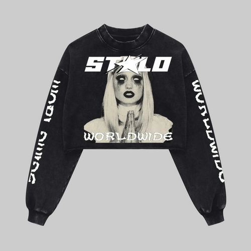 Stolo Clothing Co PREYING NUN Raw-Edge Cropped Washed Crew Neck Sweatshirt (380GSM)