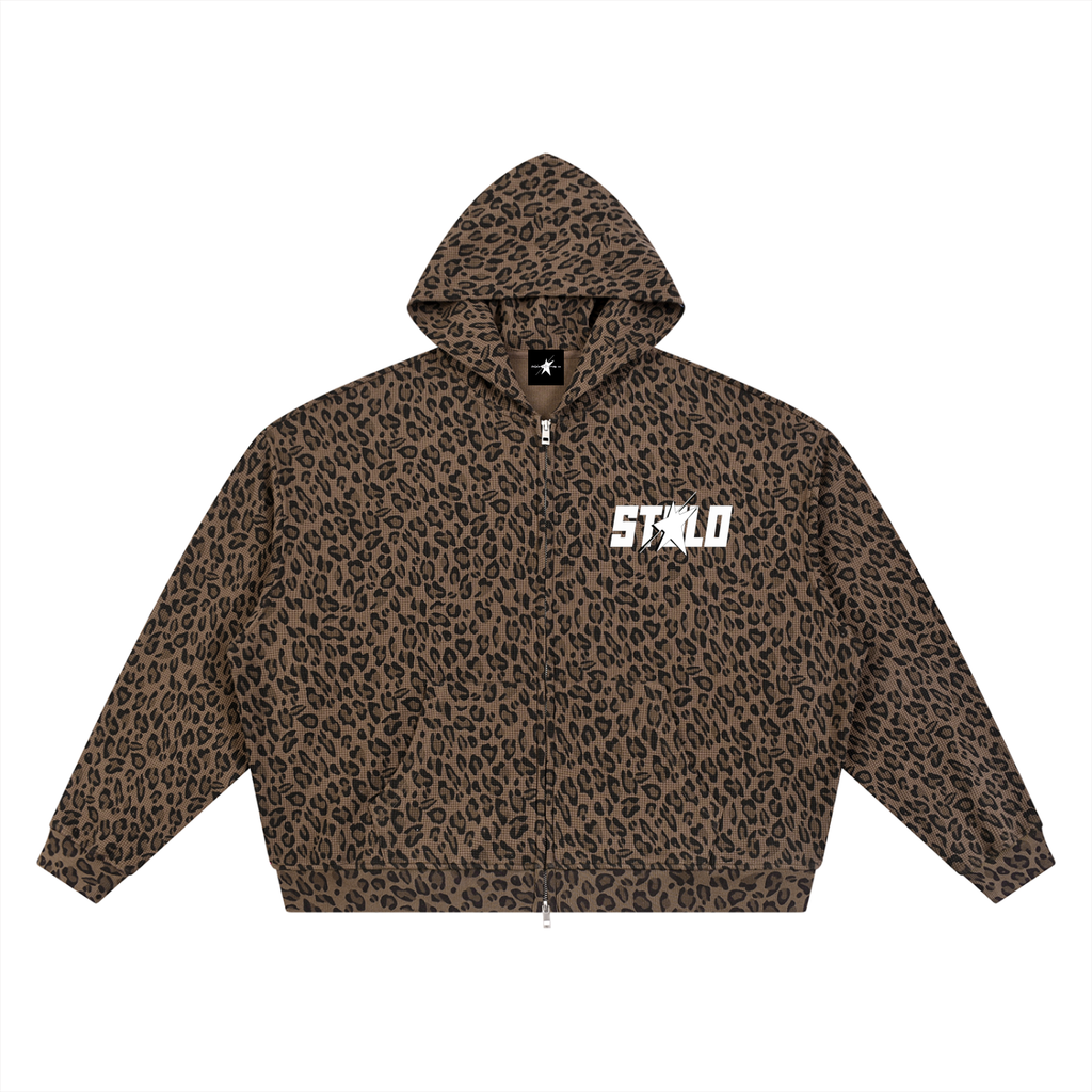 Stolo Clothing Co STARCHILD Leopard Print Waffle Texture Double Zip Up Hoodie