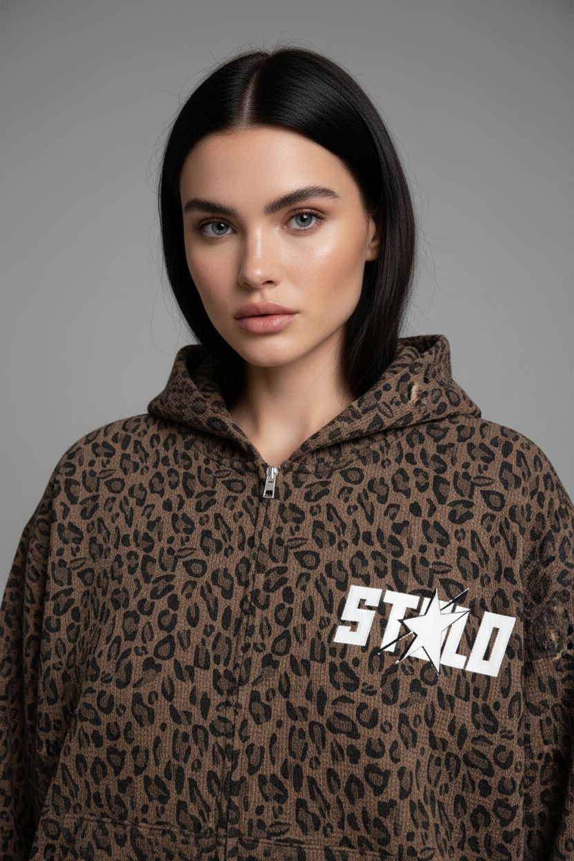 Stolo Clothing Co STARCHILD Leopard Print Waffle Texture Double Zip Up Hoodie
