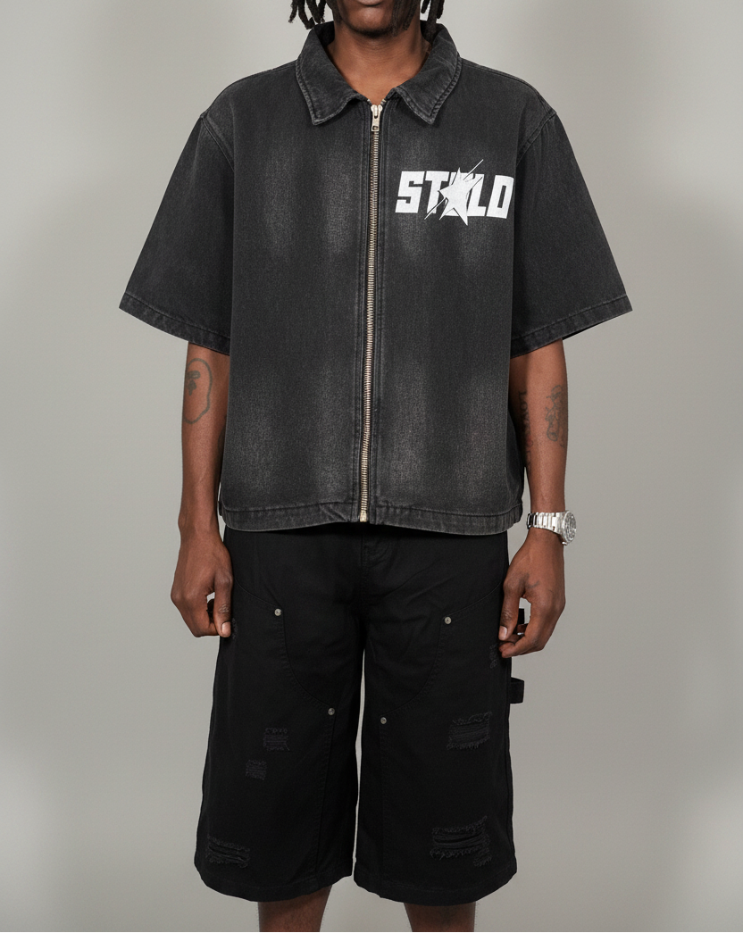 Stolo Clothing Co STARCHILD REBORN  Sun Faded Full-Zip Denim Tee Shirt (280 GSM)