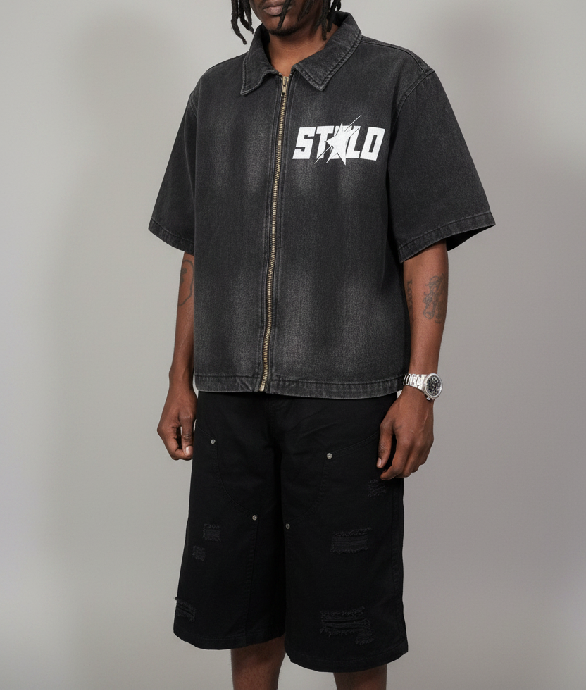 Stolo Clothing Co STARCHILD REBORN  Sun Faded Full-Zip Denim Tee Shirt (280 GSM)