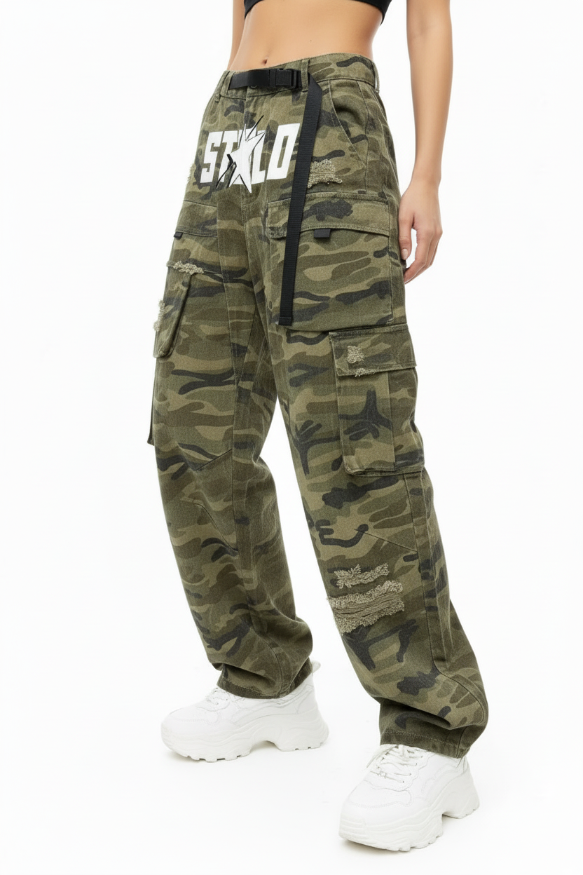 Stolo Clothing Co STARCHILD Camouflage Distressed Baggy Cargo Pants w/ Belt