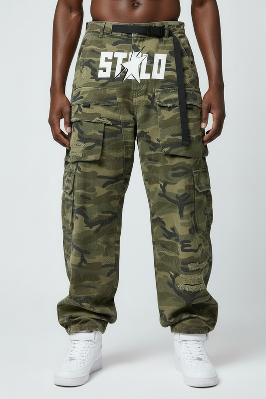 Stolo Clothing Co STARCHILD Camouflage Distressed Baggy Cargo Pants w/ Belt
