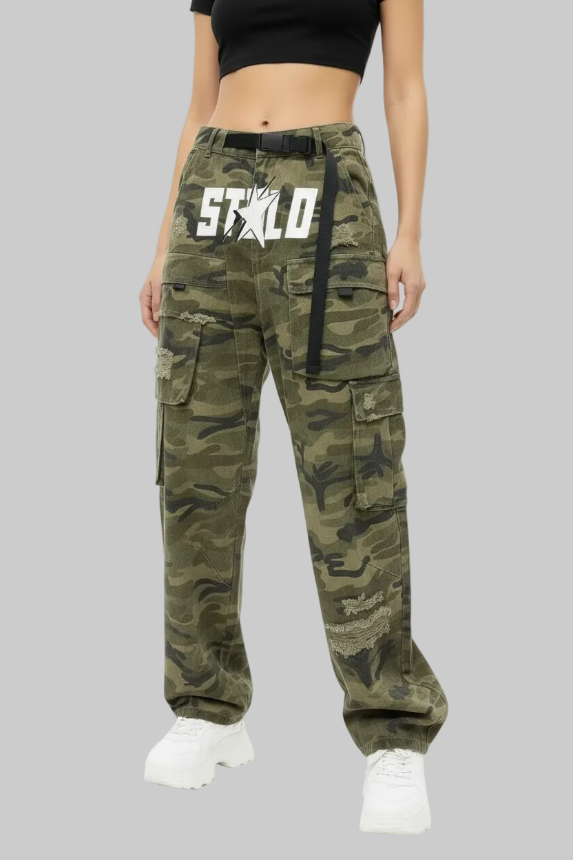 Stolo Clothing Co STARCHILD Camouflage Distressed Baggy Cargo Pants w/ Belt