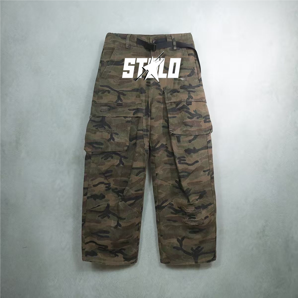 Stolo Clothing Co STARCHILD Camouflage Distressed Baggy Cargo Pants w/ Belt