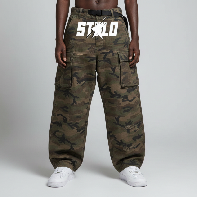 Stolo Clothing Co STARCHILD Camouflage Distressed Baggy Cargo Pants w/ Belt