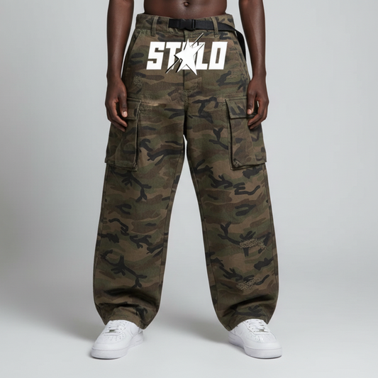 Stolo Clothing Co STARCHILD Camouflage Distressed Baggy Cargo Pants w/ Belt