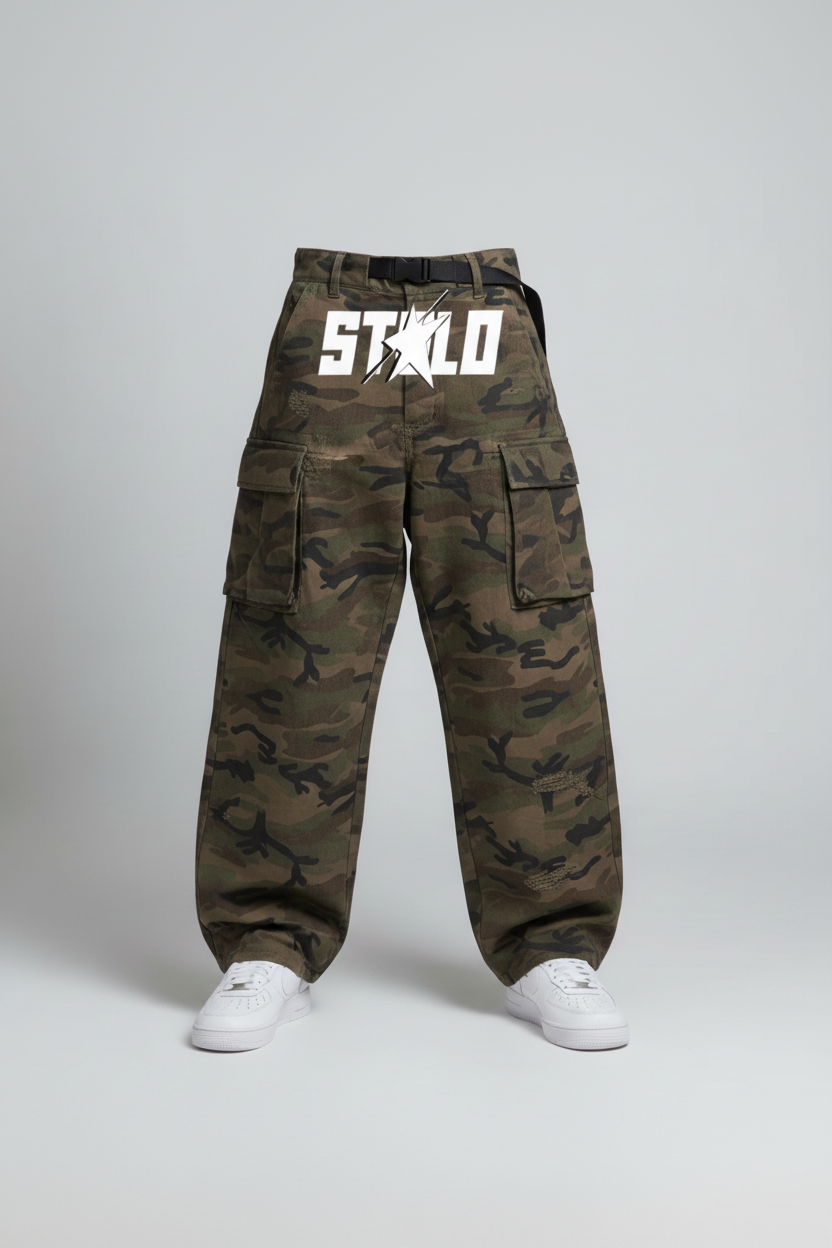 Stolo Clothing Co STARCHILD Camouflage Distressed Baggy Cargo Pants w/ Belt
