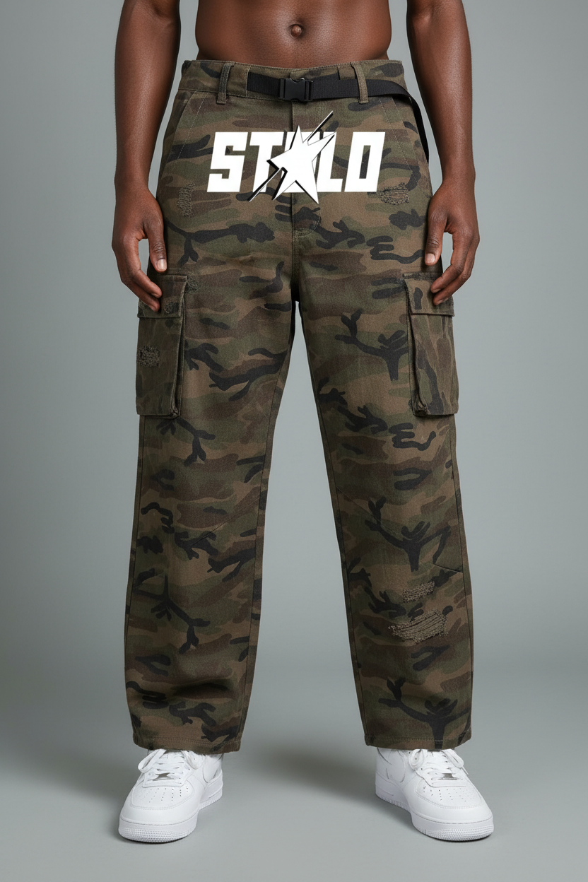 Stolo Clothing Co STARCHILD Camouflage Distressed Baggy Cargo Pants w/ Belt