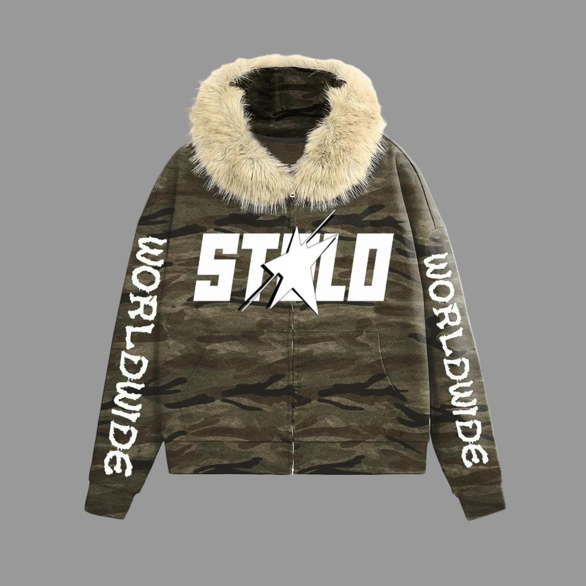 Stolo Clothing Co STARCHILD X WORLD WIDE Unisex Heavyweight Camo Detachable Fur Double Zip-Up Hoodie (400GSM)