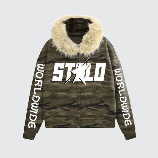 Stolo Clothing Co STARCHILD X WORLD WIDE Unisex Heavyweight Camo Fur-Trim Double Zip-Up Hoodie (400GSM)