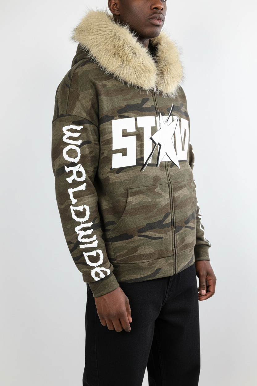 Stolo Clothing Co STARCHILD X WORLD WIDE Unisex Heavyweight Camo Detachable Fur Double Zip-Up Hoodie (400GSM)