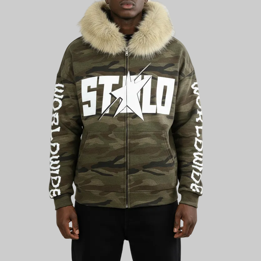 Stolo Clothing Co STARCHILD X WORLD WIDE Unisex Heavyweight Camo Detachable Fur Double Zip-Up Hoodie (400GSM)