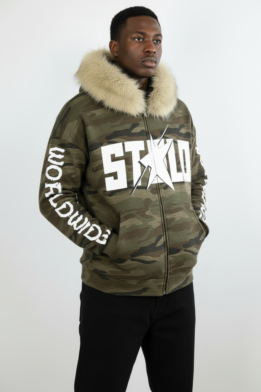 Stolo Clothing Co STARCHILD X WORLD WIDE Unisex Heavyweight Camo Detachable Fur Double Zip-Up Hoodie (400GSM)